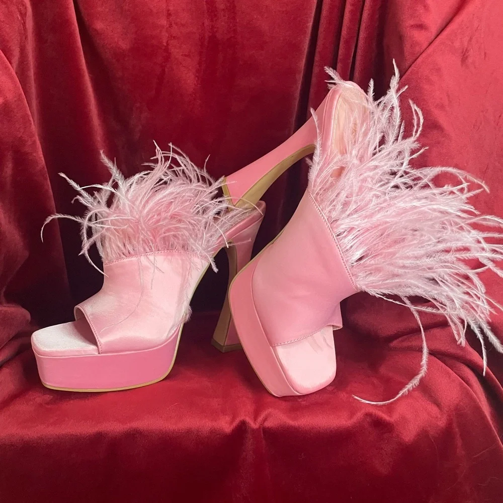 Fashion Nova Pink Feathered Platform Heels - Picture 1 of 9